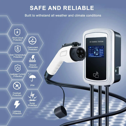 White Level 2 EV Charger 240V 32A With WiFi App Control Smart EVSE with screen, hardwired 25ft cable, and safety features icons.