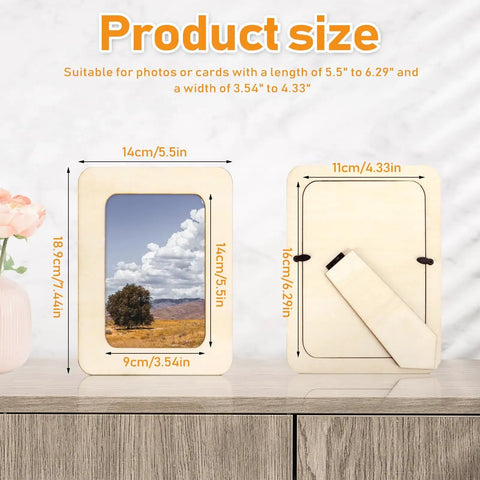 Product size chart for 15-Pack Unfinished Wooden Picture Frames For 4X6 Photos, showing dimensions for photos and cards.