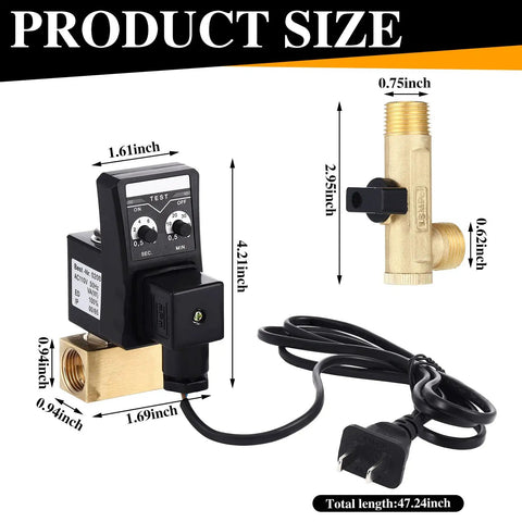 Dimensions of 110V Auto Timed Drain Valve Kit For Air Compressors with braided steel hose and brass elbow fitting
