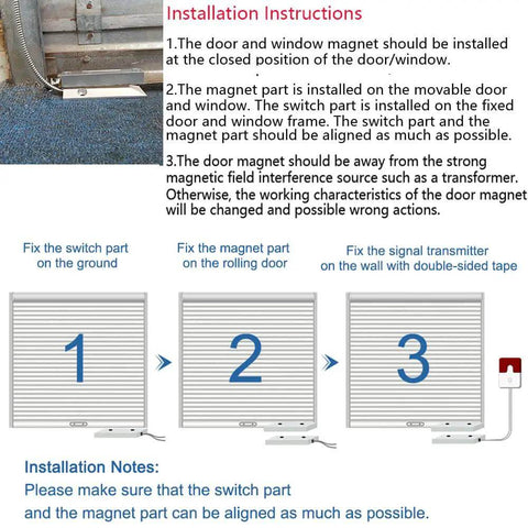 Installation instructions for Wired Magnetic Reed Door Contact Sensor with Two Wires for Normally Closed NC Applications on rolling door.