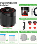 Components of Auriswell Electric Mason Jar Vacuum Sealer Kit for Wide and Regular Mouth Jars including main sealer, bags, and stoppers.