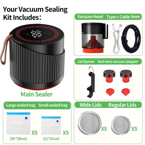 Components of Auriswell Electric Mason Jar Vacuum Sealer Kit for Wide and Regular Mouth Jars including main sealer, bags, and stoppers.