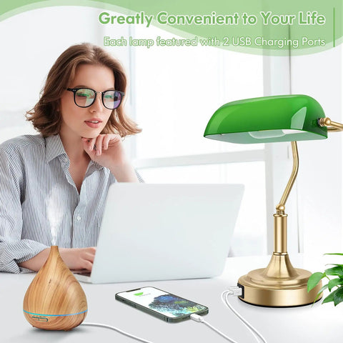 Green Glass Bankers Lamp With 2 USB Ports And Touch Control Brass Base 3 Way Dimmable Vintage Desk Lamp For Home Office Nightstand Bedroom Library Piano LED Bulb Included next to woman using laptop.