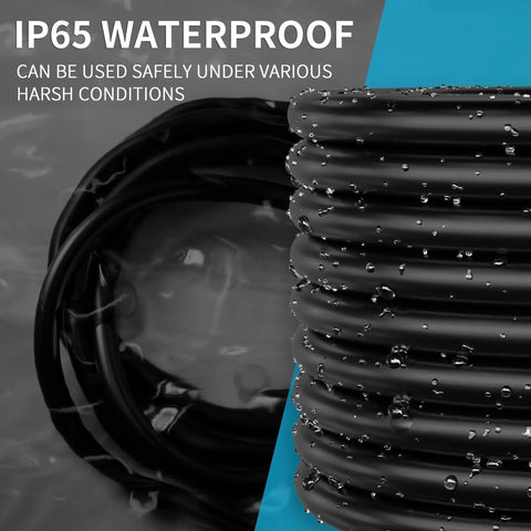 No Sweat 100 Foot 14 3 Sjoow Portable Power Cable Featuring Slick Rubber Jacket For Outdoor Job Sites And Driveway Projects Etl Rated 14 Awg Three Conductor Extension Wire coiled with water droplets, showcasing IP65 waterproof feature.
