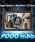 Tough As Nails Eight Inch Rugged Android Tablet With Integrated 1D 2D Barcode Scanner showing 9000 mAh battery and 12 hour worktime in a warehouse.
