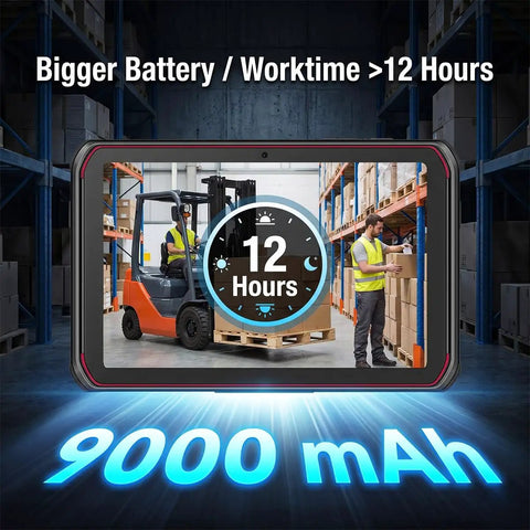 Tough As Nails Eight Inch Rugged Android Tablet With Integrated 1D 2D Barcode Scanner showing 9000 mAh battery and 12 hour worktime in a warehouse.