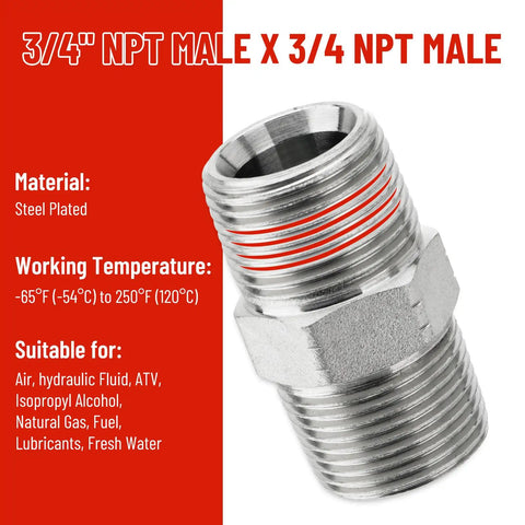 3/4 NPT male steel plated hose fitting for air, hydraulic fluid, fuel, and water