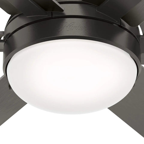 Close-up of Indoor Ceiling Fan With LED Light In Rustic Bronze Finish, 44 Inch Blade Span, highlighting the LED light fixture