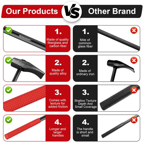 Comparison chart of Heavy Duty Bead Breaker Tool features against another brand, highlighting material and design differences.