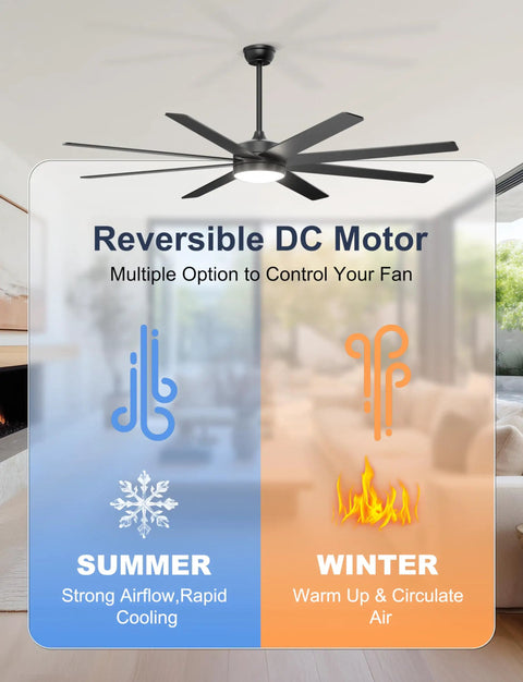 Big 72 Inch Ceiling Fan With Lights Remote Or App Control Dimmable LED Lighting Quiet DC Motor for seasonal airflow