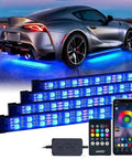 Double Row RGB LED Underglow Light Kit With Bluetooth App Control and Wireless Remote 4 Pack installed on car underbody.
