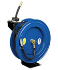 Heavy Duty All Steel 3/8 Inch By 50 Foot Retractable Air Hose Reel With Automatic Rewind, German-Made Hose, 5 Way Roller Guides