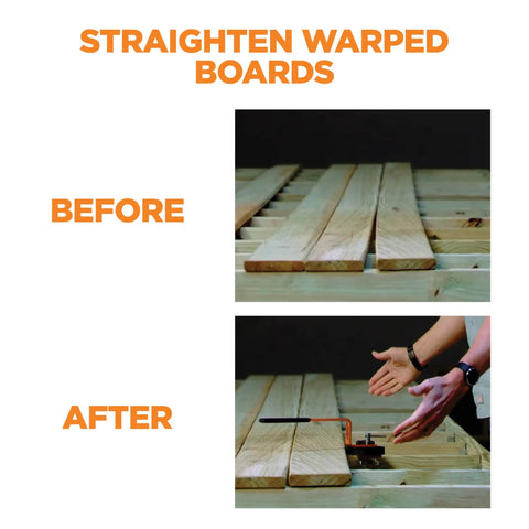 Heavy Duty Deck Board Straightener And Bow Clip Lever Tool To Kick Flexing Planks Right In Line And Bend Warped Pressure Treated Lumber For Fast Decks before and after images of straightened planks.