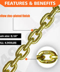Close-up of G80 Grade 80 Transport Binder Chain 5 16 Inch by 10 Foot, yellow zinc finish, 4900 lbs load, features and benefits highlighted.