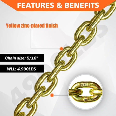 Close-up of G80 Grade 80 Transport Binder Chain 5 16 Inch by 10 Foot, yellow zinc finish, 4900 lbs load, features and benefits highlighted.