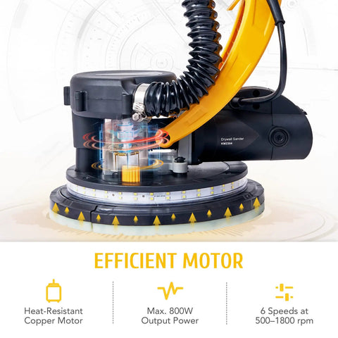Close-up of Six Speed Drywall Sander with Vacuum Attachment and LED Lights featuring efficient motor and six speeds at 500-1800 rpm.