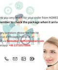 Customer service graphic with headset agent and contact icons, thank-you text for HOMEDEC order and package check reminder