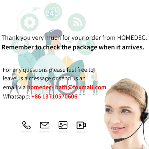 Customer service graphic with headset agent and contact icons, thank-you text for HOMEDEC order and package check reminder