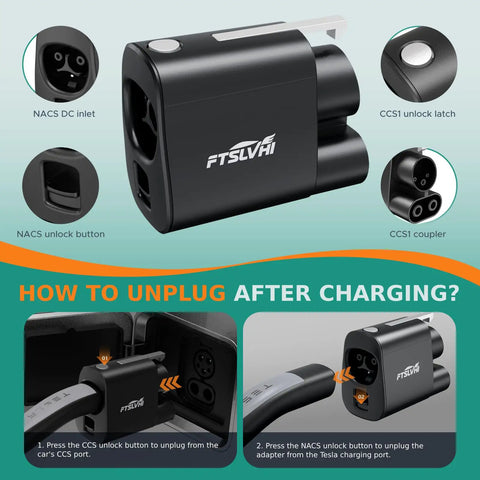 Nacs To Ccs Combo One Dc Fast Charging Adapter Tesla Supercharger Compatible showing buttons and couplers for easy unplugging after charging.