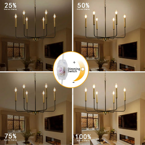Four settings of a Brushed Gold 8 Light Sputnik Chandelier Pendant Ceiling Light with dimming switch in a living room.