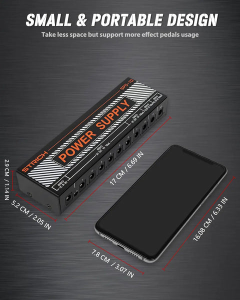 Guitar Pedal Power Supply With 10 Independent DC Outputs For 9V 12V And 18V Effects next to smartphone for size reference.