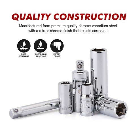 All In One 94 Piece One Quarter Inch And Three Eighth Inch Drive Socket Set With Ratchet Extension Bars And Universal Joint SAE And Metric
