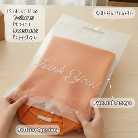 Hands holding a Frosted 10x13 Poly Mailer 100 Pack with Built In Handle Self Seal Matte Finish, containing an orange sweater.