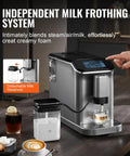Fully Automatic Espresso Machine With Integrated Grinder And One Touch Milk Frother delivering creamy foam with detachable milk reservoir.