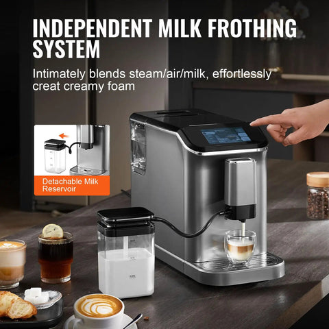 Fully Automatic Espresso Machine With Integrated Grinder And One Touch Milk Frother delivering creamy foam with detachable milk reservoir.