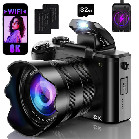 8K Ultra HD Vlogging Camera with WiFi, Autofocus and 88MP still photos, dual lens setup, 16X digital zoom, and touchscreen display