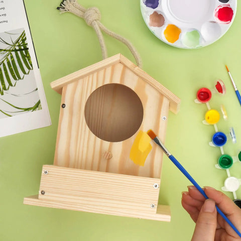 DIY Wooden Bird House Kit For Kids Ages 4 And Up Build And Paint Craft Set With Pre Drilled Pieces Includes Paints And Brushes, Easy To Follow Instructions For Creative Family Fun, pine bird house being painted yellow