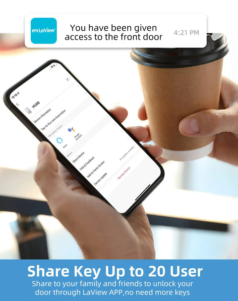 Person holding phone with Bluetooth Enabled Smart Door Lock With Keyless Entry, displaying app control features