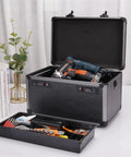 Rugged Gear Box Toolbox With Removable Tray Aluminum Alloy Dual Password Lock Portable Durable Organizer For Tools Home Garage Pro Projects Heavy Duty Storage Solution, showing open with tools and tray.