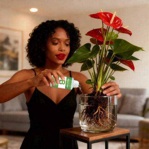 Woman using Pro Grade Hydroponic Nutrients A and B for indoor plant in clear glass container for fast growth in home garden.