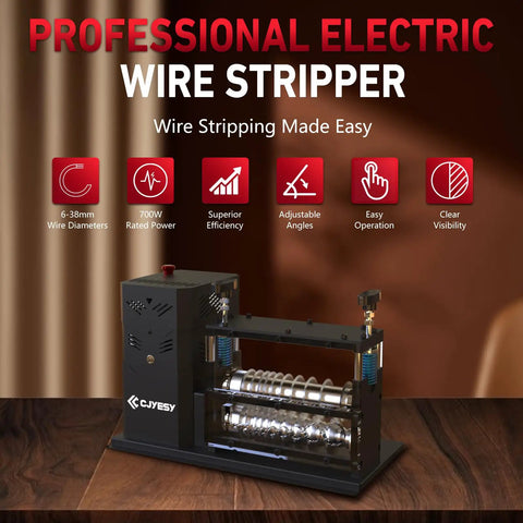 Automatic Wire Stripping Machine For Scrap Wire 0.06 To 1.5 Inch Range 370W Motor 80 Feet Per Minute 11 Channel 10 Blade System Wire Stripper With Visible Depth Reference Labor Saving And Fast For Efficient Wire Recycling on wooden surface with professional electric features.