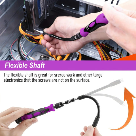 115 In 1 Precision Screwdriver Set With Pro Grade Magnetic Bits Including Torx Triwing Phillips Pentalobe And More For Electronics Repair DIY Projects And Precise Small Gadget Maintenance displayed with flexible shaft in use
