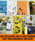 150 Piece Pegboard Hooks Set With Bins, 15 Types Heavy Duty Metal Hooks on colorful pegboards for garage organization