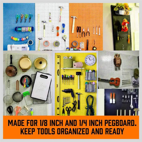 150 Piece Pegboard Hooks Set With Bins, 15 Types Heavy Duty Metal Hooks on colorful pegboards for garage organization