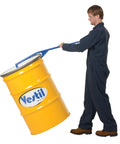 Heavy Duty Steel Manual Drum Upender With Long 41 Inch Handle For Tipping Horizontal Barrels Smoothly Without Dents, lifting yellow barrel.
