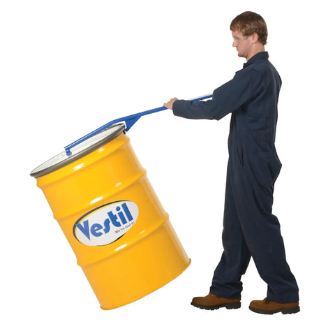 Heavy Duty Steel Manual Drum Upender With Long 41 Inch Handle For Tipping Horizontal Barrels Smoothly Without Dents, lifting yellow barrel.