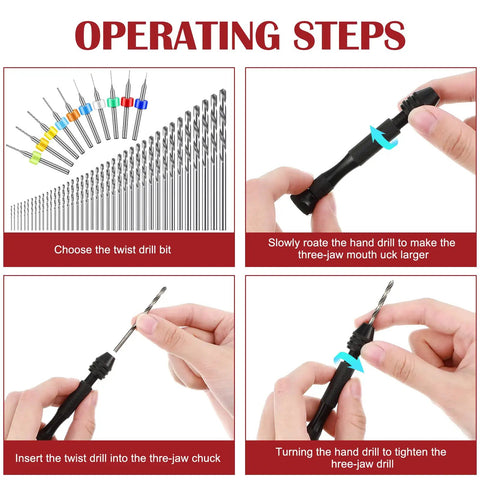 Operating steps for Handy Micro Drill Bit Set With Pin Vise And PCB Bits for Resin Art and Polymer Clay Jewelry DIY.