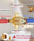 Fresh Gold Tub And Shower Faucet Fixture Set Featuring Dope Six Inch Rain Shower Head Plus Top Shelf Solid Brass Valves For Slick Bathroom Upgrades And Easy DIY Installations showing brass valve body with connectors.