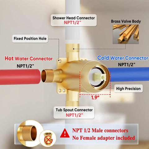 Fresh Gold Tub And Shower Faucet Fixture Set Featuring Dope Six Inch Rain Shower Head Plus Top Shelf Solid Brass Valves For Slick Bathroom Upgrades And Easy DIY Installations showing brass valve body with connectors.