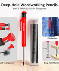 Red deep-hole woodworking pencil with 6 refills, built-in sharpener, and clip design shown on denim. Measures deep-hole marking.