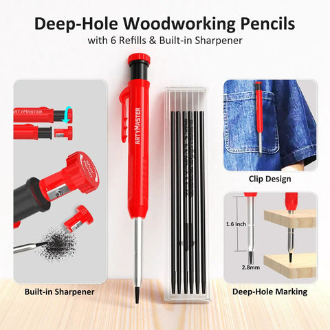 Red deep-hole woodworking pencil with 6 refills, built-in sharpener, and clip design shown on denim. Measures deep-hole marking.