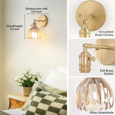 Vintage Rechargeable Wall Sconce Set With Amber Tulip Glass Shade And Wireless Remote For Zero Wiring Bedroom Decor straight wall-mounted brass sconce with glass shade.