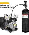 PCP air compressor connected to 6.8L Carbon Fiber HPA Tank 4500 PSI PCP Air Tank For Paintball And Scuba Gear with gauge and valve
