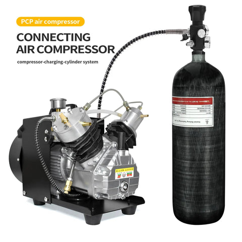 PCP air compressor connected to 6.8L Carbon Fiber HPA Tank 4500 PSI PCP Air Tank For Paintball And Scuba Gear with gauge and valve