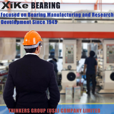 XiKe bearing banner in factory; man in dark suit with orange hard hat viewing industrial machines