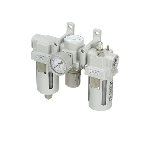 Compressed Air Filter Regulator Lubricator Pro Grade Combo With Gauge And Manual Drain Half Inch NPT Poly Bowl With Metal Guard